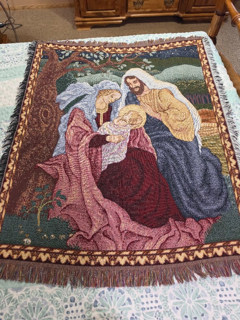 Vintage Nativity Holy Family Woven Tapestry Throw Blanket Made in USA